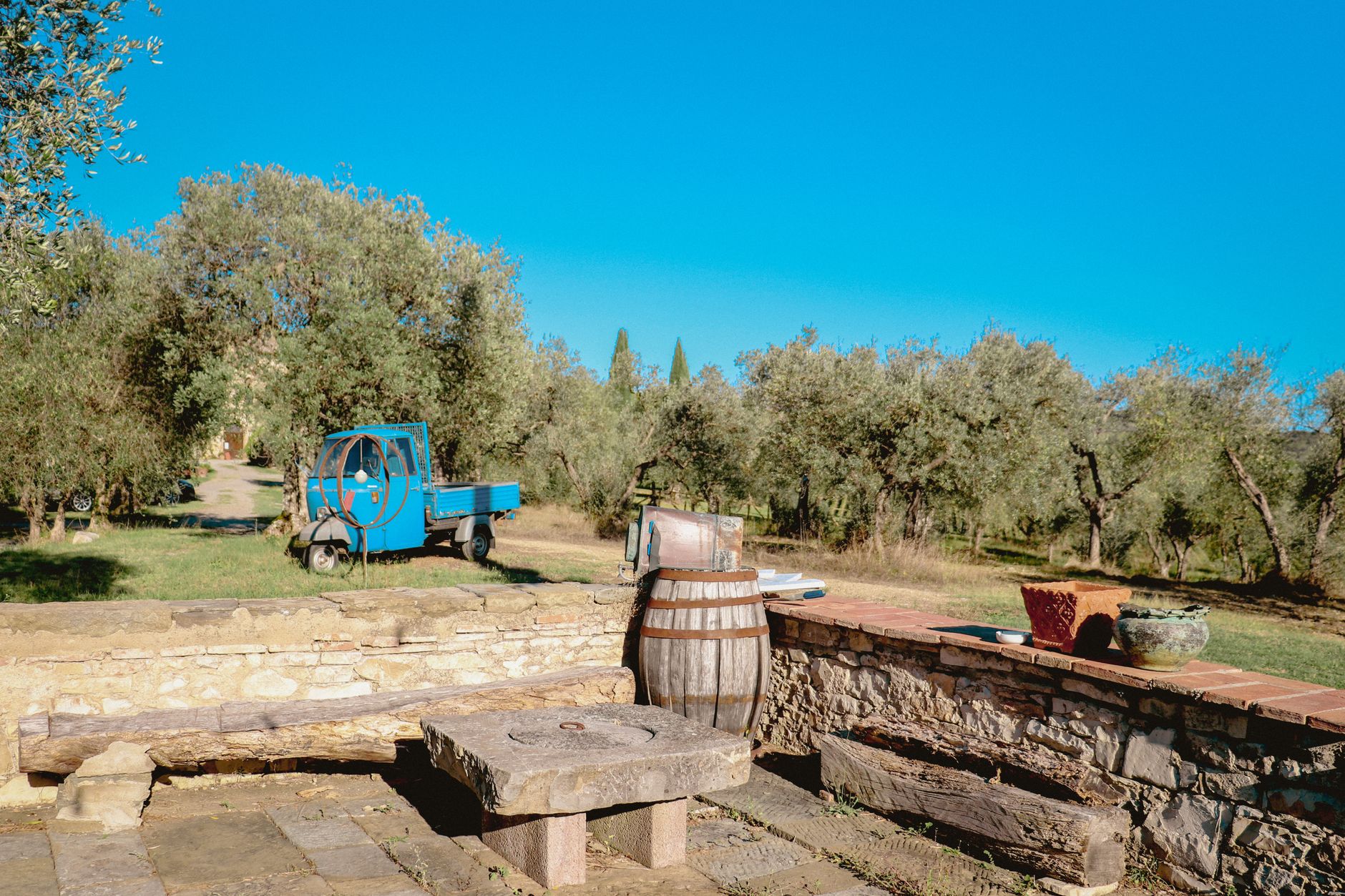 Stone farmhouse terrace with olives and wine